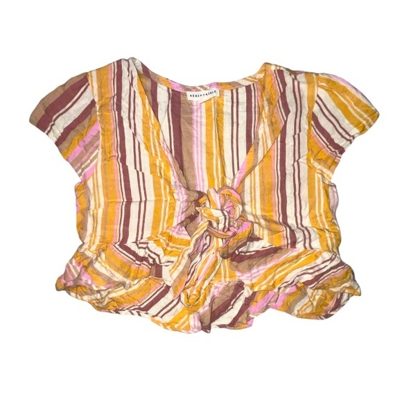 Aeropostale Striped V Neckline Tie Front Short Sleeved Shirt Size Small - Picture 1 of 5